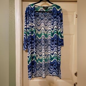 Travelers By Chico's Open Front Duster 3/4 Sleeve Blue Multicolor Size 1 (Med)